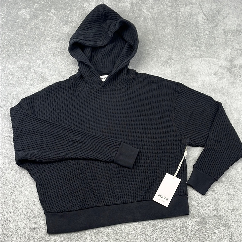 NEW MATE The Label XS 100% Organic‎ Cotton Black Waffle Relaxed Knit Hoodie